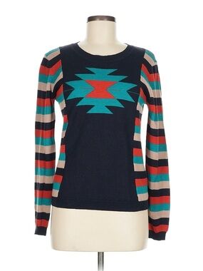 THML Black Crewneck Sweater with Teal & Red Aztec Motif